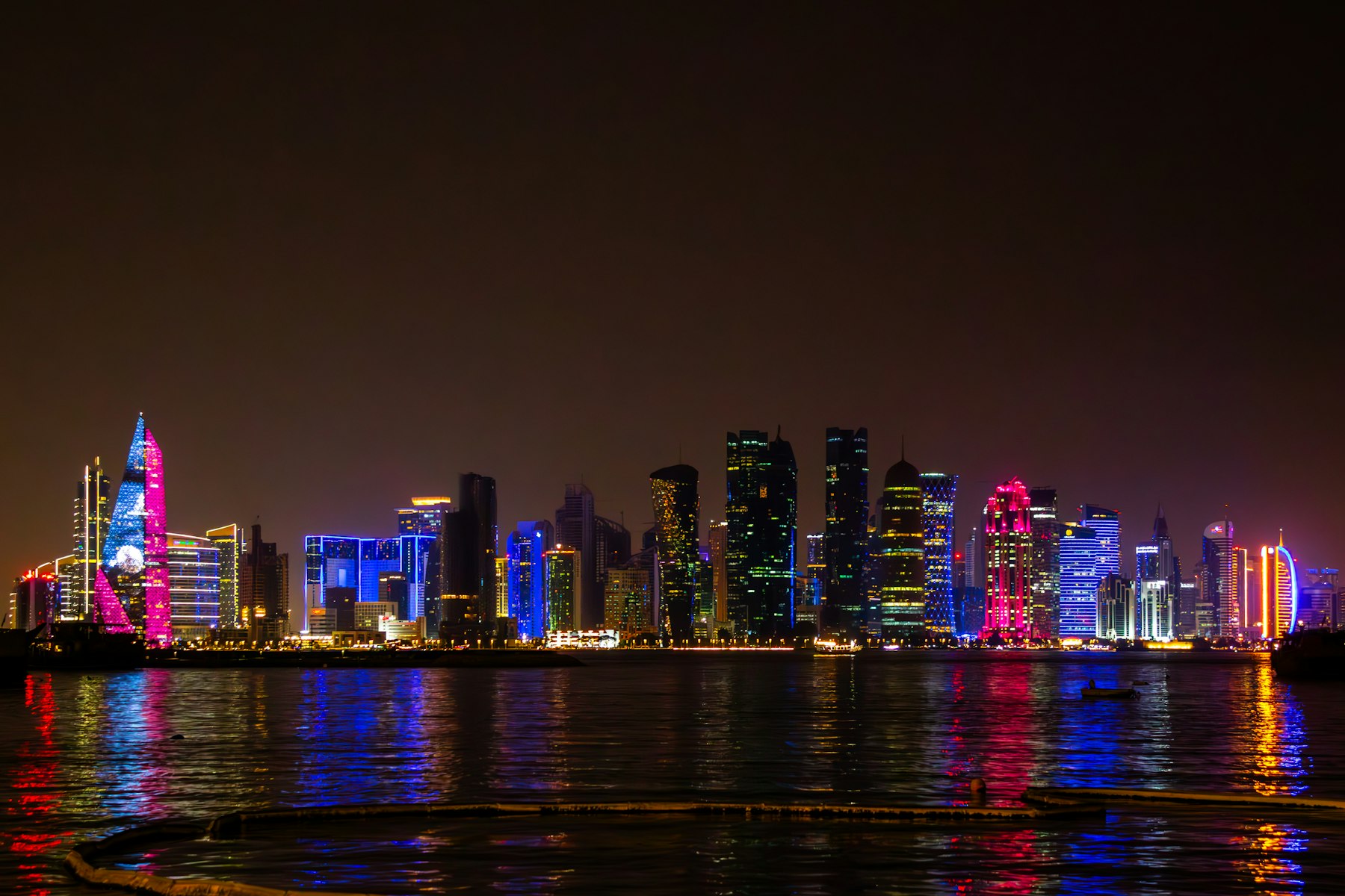 Doha skyline at night across the water